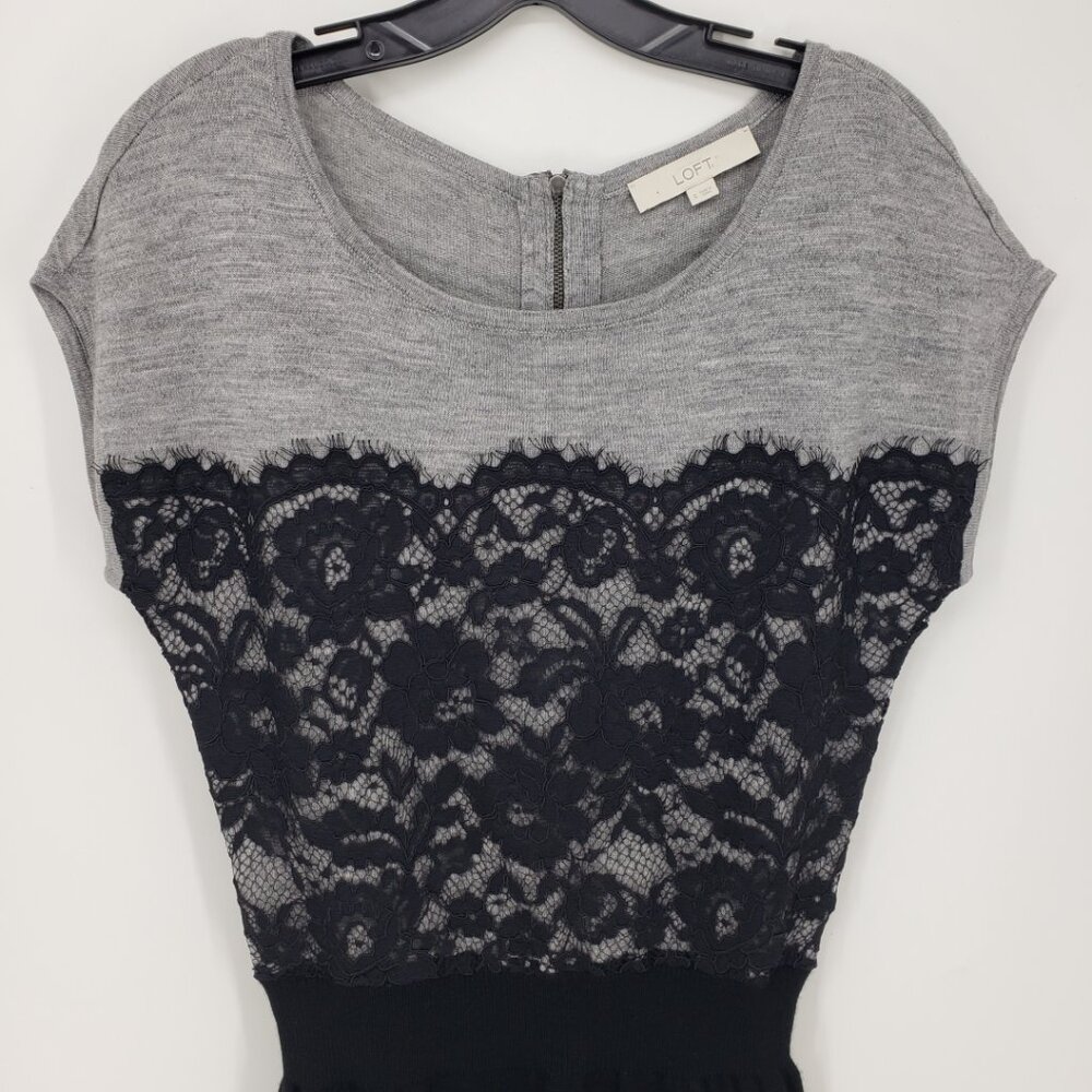 3/$25 LOFT Floral Lace Sweater Dress S Merino Wool Black Gray - Picture 4 of 9